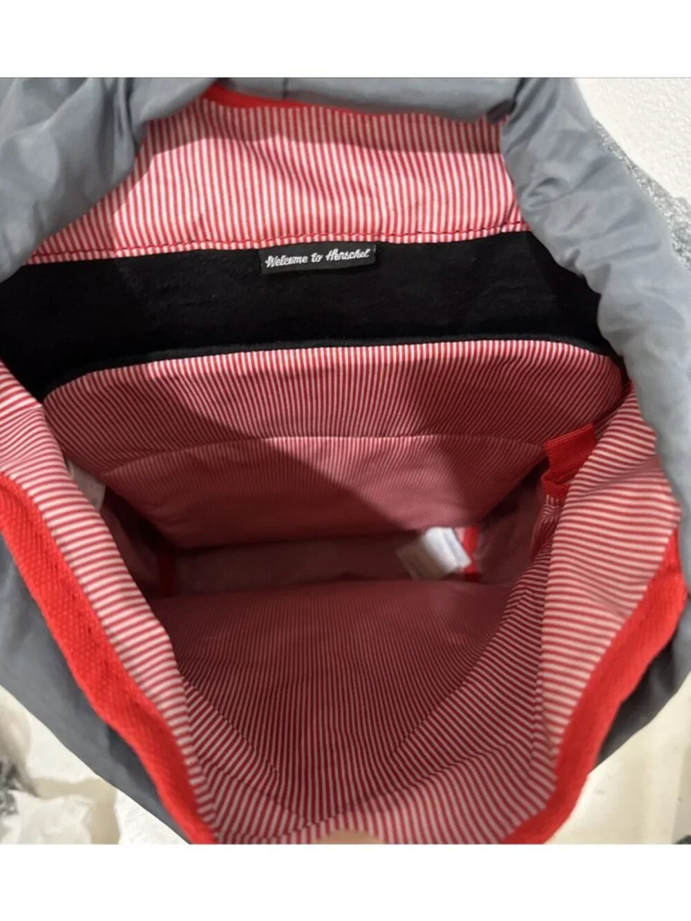 Herschel Supply Co Gray Laptop Backpack Raven Crosshatch and Red White Stripe